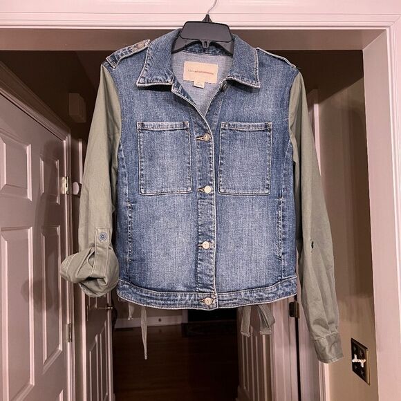EUC Pilcro and the Letterpress Mixed Media Blue Denim & Green Twill Jacket SMALL - Picture 3 of 5